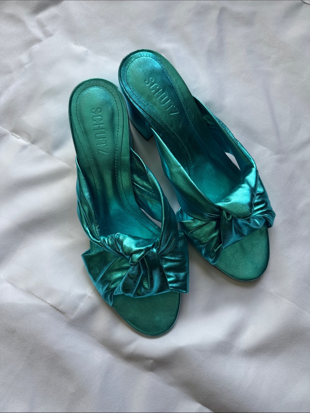 SCHUTZ Metallic Teal Knot-Front Heeled Sandals